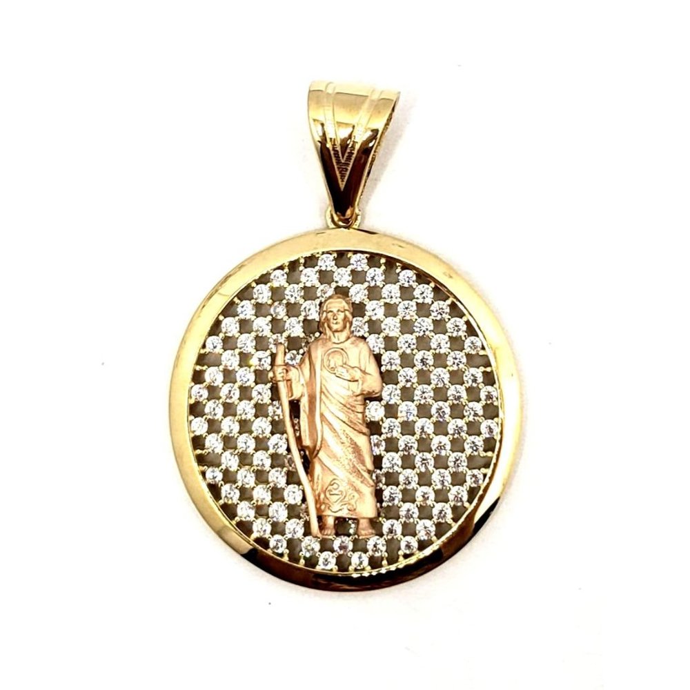 14K REAL GOLD pendant tri-color San Judas CZ White